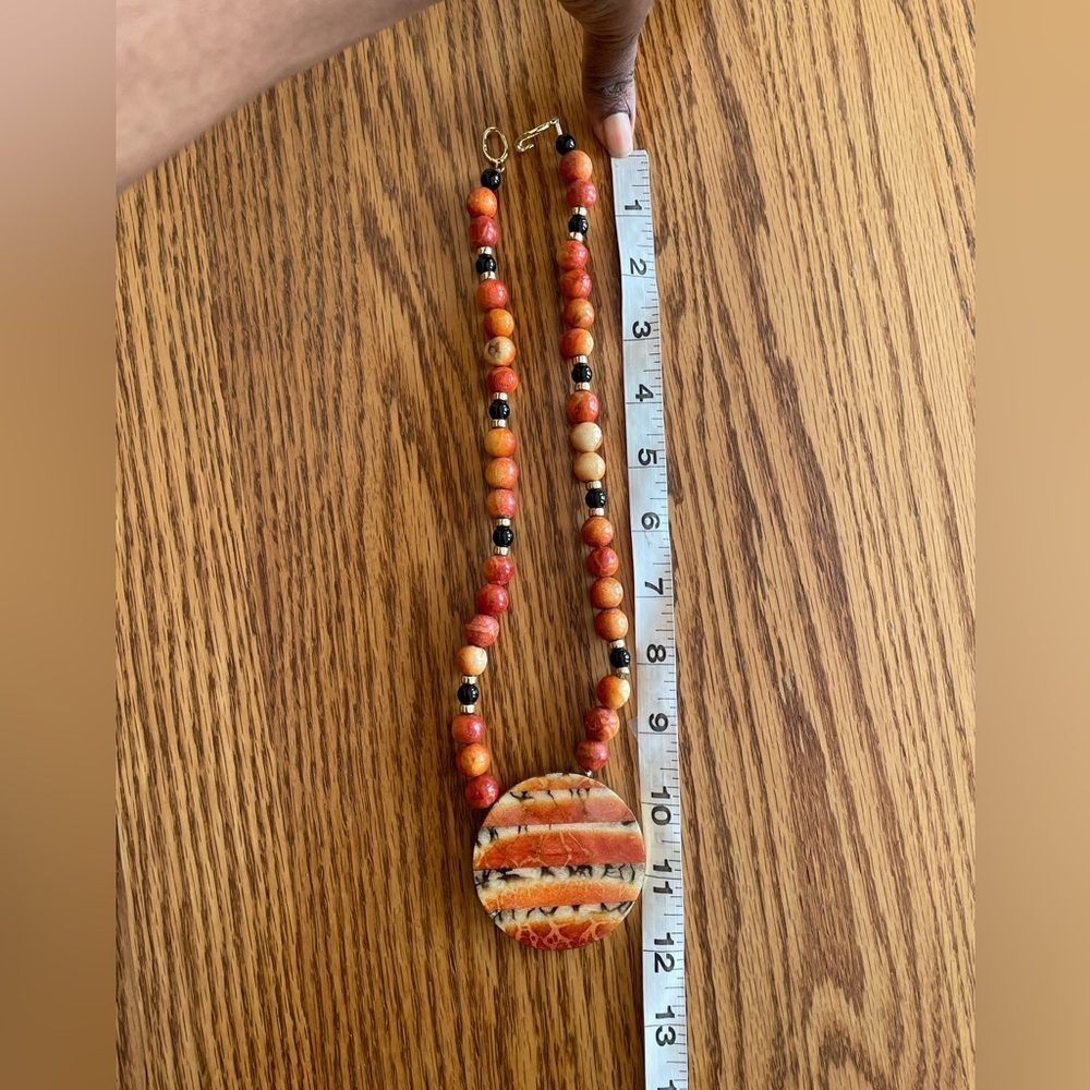 Coral Beaded Statement Necklace Large Round Pendant Boho Artisan - Picture 5 of 8